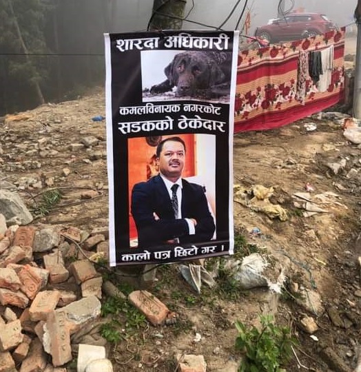 कमलविनायक–नगरकोट सडकभरी शारदा अधिकारीको पाेष्टर, नेकपा अध्यक्ष दाहाललाई तनाव