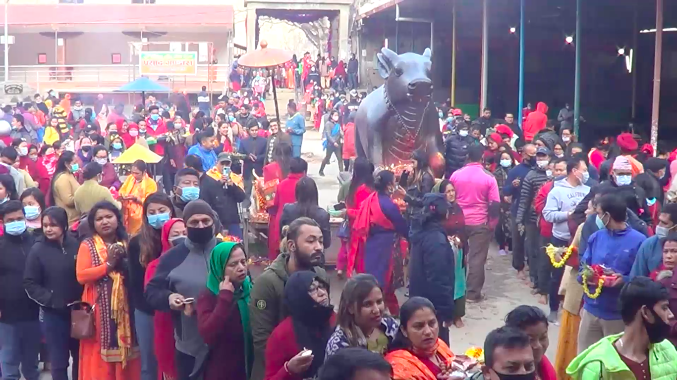 डोलेश्वर महादेवको मन्दिरमा विहान देखि दर्शनार्थीको घुईचो
