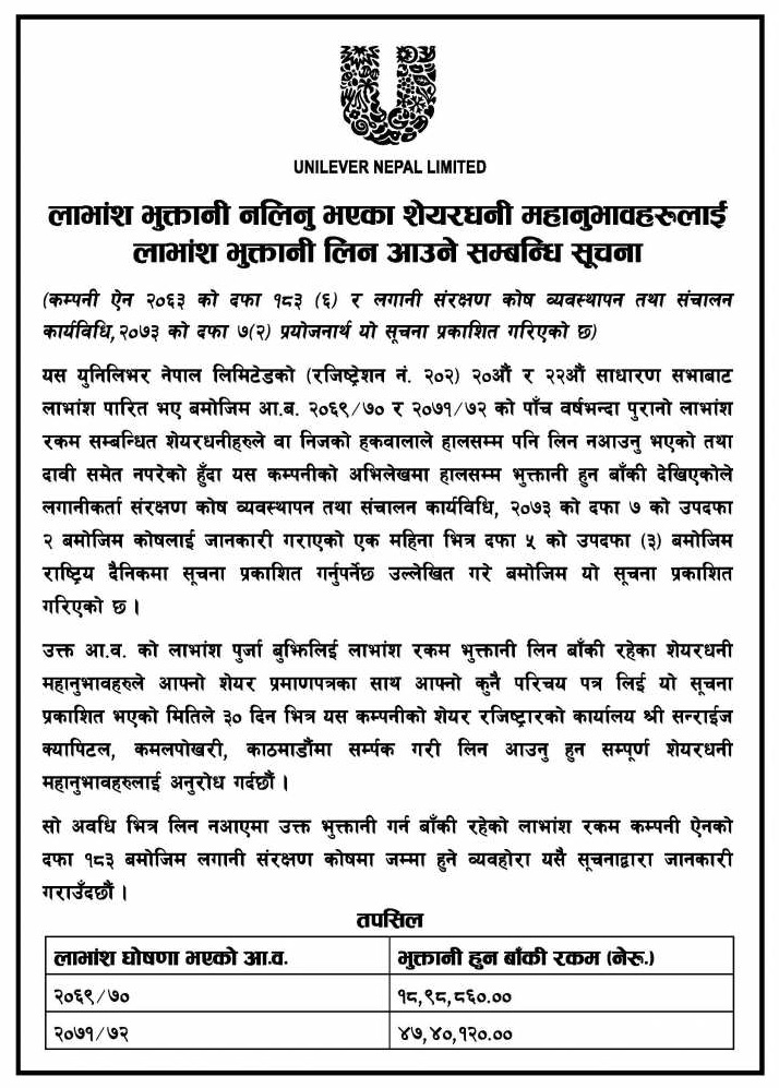 युनिलिभर नेपालको ६६ लाख लाभांश भुक्तानी हुन बाँकी